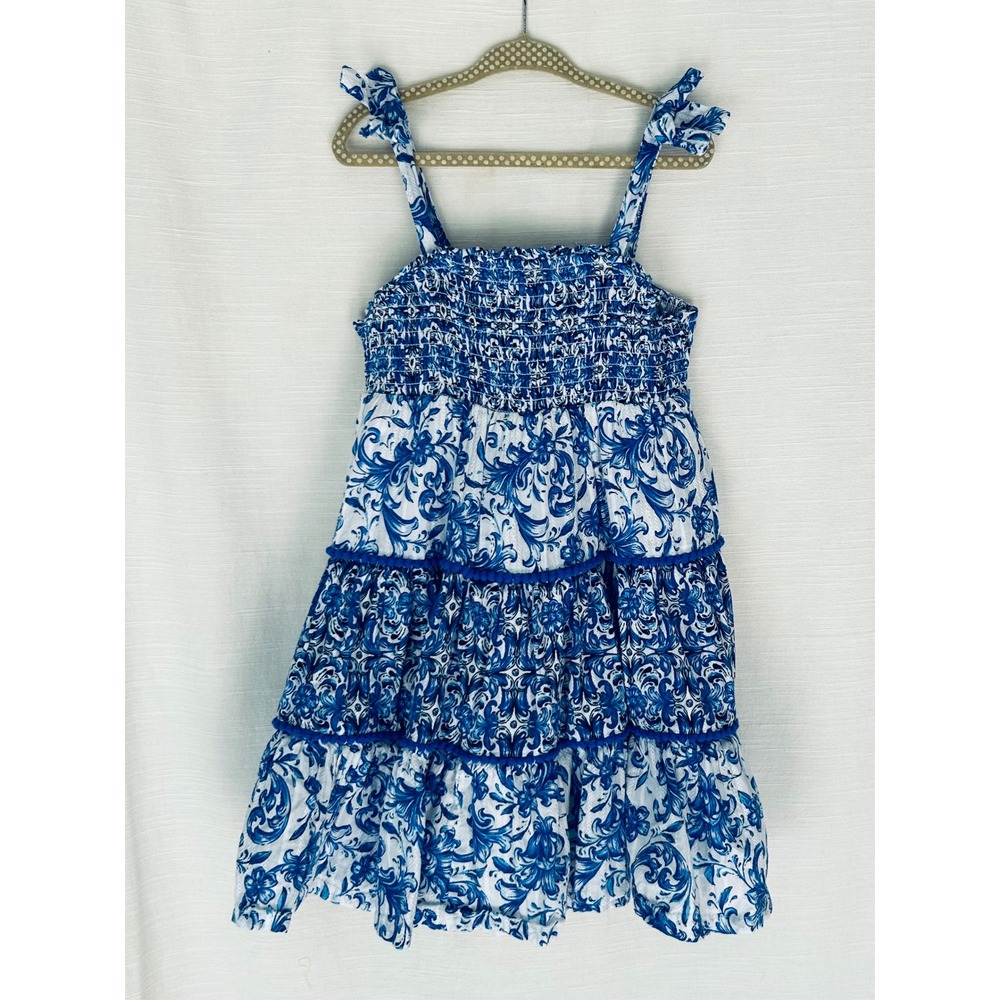 Haute Hippie Kids Blue White Damask Tiered Smocked Sundress Size 5 Tie Shoulder